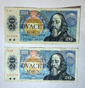 2 x 1988 Czechoslovakia 20 Twenty dvacet Korun, Jan Amos Komensky , 2 notes - Picture 1 of 2