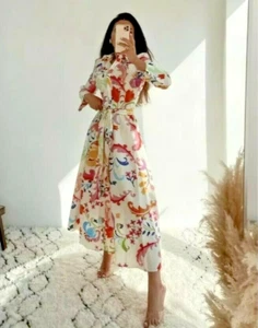 ZARA OFF WHITE IVORY MULTI FLORAL PRINT MIDI SUMMER BELTED SHIRT DRESS SIZE L 14 - Picture 1 of 8
