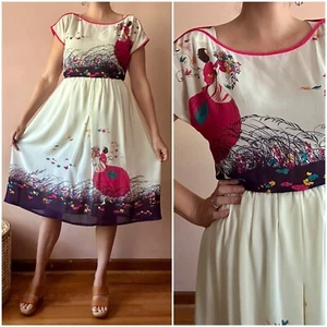 Vintage 70s Dress - Novelty Print Girl Flowers Butterflies - Cottagecore - Picture 1 of 11