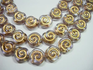 24 -8mm Soft Lavender with Gold Snail Shell Swirl Spiral Coin Czech Glass Beads - Picture 1 of 2