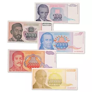 Yougoslavie LOT 5 billets 100 à 500.000 dinara janvier 1994 NEUFS (UNC) - Imagen 1 de 2