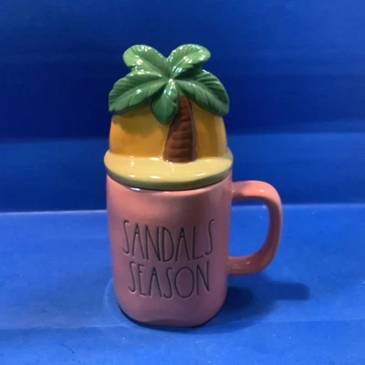 RAE DUNN Sandal Season Figural Lidded Mug Palm Tree Decorative Pink Beach(s) - Image 1 of 4