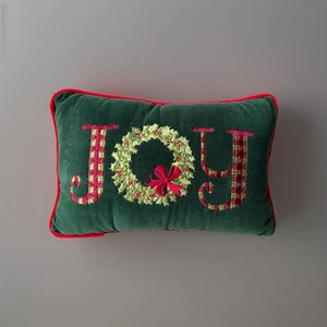 JOY Embroidered Quilted Green/Red Rectangular Christmas Pillow 11”x7” Decor - Picture 1 of 3