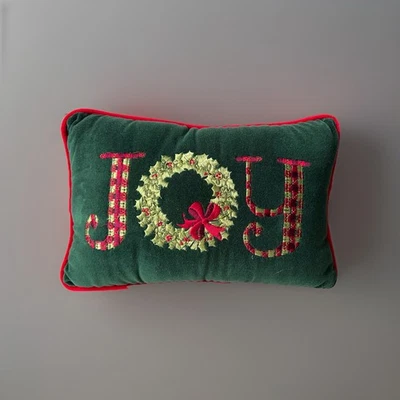 JOY Embroidered Quilted Green/Red Rectangular Christmas Pillow 11”x7” Decor - Image 1 of 3