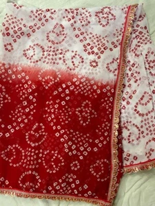 Designer Sari Bollywood Red & White Bandhej Saree Indian Ethnic Wedding w Lace - Picture 1 of 6