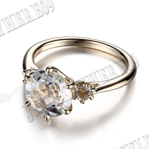 Solid 10K Yellow Gold Prong Setting Round 8mm & 3mm Flawless White Topaz Ring - Picture 1 of 7