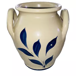 Williamsburg Pottery Salt Glaze Vase 2 Handles Cobalt Blue Leaf Design - Picture 1 of 9