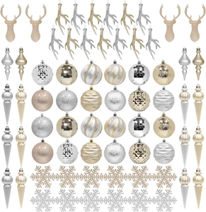 Christmas Tree Decoration Set Silver and Champagne Gold 69Pcs Large Shatterproof - Picture 1 of 5