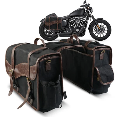Universal Motorcycle Saddlebags Canvas Leather Side Bags For Harley Honda Suzuki - Image 1 of 4