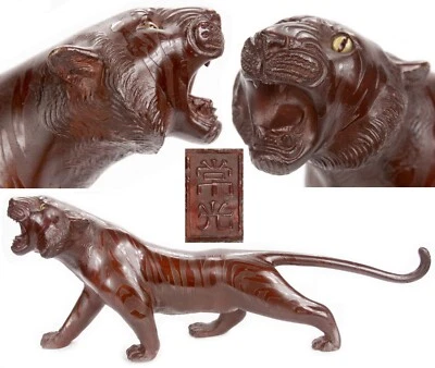 Antigua estatua Okimono de tigre de bronce del período Taisho firmada japonesa de 14" ojos de vidrio Foto 1 de 4