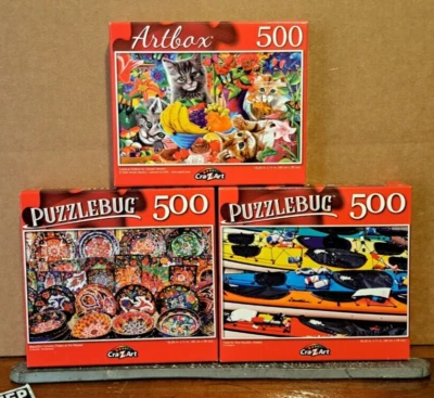 Lot Of 3 Cra-Z-art 500 pc Jigsaw Puzzles: Plates, Kittens, Kayaks - Image 1 of 2