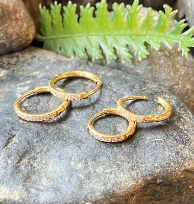 PAR DE ARETES DE ARO PEQUEÑOS PAVIMENTADOS CON GEMAS DE CIRCONITA CÚBICA ACCIÓN DE BISAGRA DE ACERO INOXIDABLE 316L 20 g Foto 1 de 4