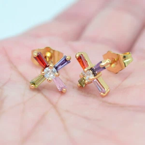 18K Yellow Gold Filled Women Multicolour Topaz Cross Stud Earrings Jewelry - Picture 1 of 2