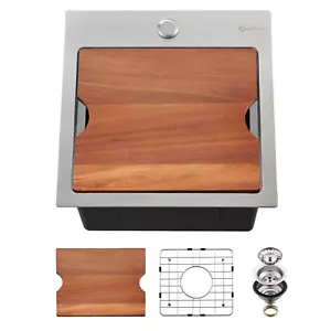Workstation Bar Sink 15x15 – 16-Gauge SS Drop-In Prep Bowl w/ Cutting Board - Picture 1 of 9