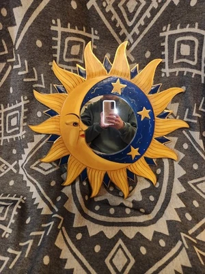 Vintage 90s 20" Celestial Sun Moon Mirror Wooden Whimsigoth Witchy Gallery Wall - Image 1 of 4