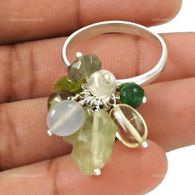 925 Argento Sterling Peridoto Prehnite Nuovo Perline Artigianale Lunetta Anello - Immagine 1 di 4