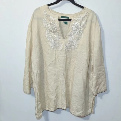 Lauren Ralph Lauren 100% Linen Embroidered Tunic Cream V-neck Women's Size 3X - Image 1 of 4