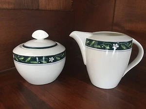 Mikasa Ultima French Vine Sugar Bowl w/ Lid Creamer SET Serving Piece Green Band - Picture 1 of 10