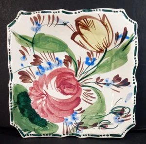 Plato Vintage Rosa Floral Pintado a Mano Italiano Cuadrado Siena 7.5" X 7.5" Casa de Campo - Imagen 1 de 7