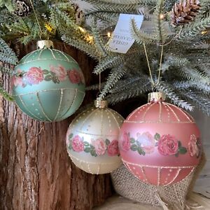 3x Rose Ball Christmas Tree Baubles Decoration Gisela Graham Vintage Retro 