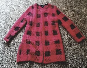 August Silk Buffalo Check Red Eyelash Long Sweater Open Front Women's Size L NEW