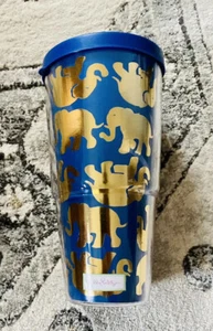 Vaso de elefante dorado azul Lilly Pulitzer con tapa 16 oz 🙂 Excelente - Imagen 1 de 2