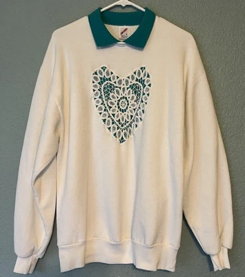 Sudadera De Colección Jerzees Blanca Corazón Encaje Apliques Cuello Verde Azulado L EE. UU. Abuela Foto 1 de 4