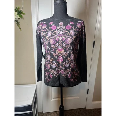J Jill Petite Floral Embroidered Knit Sweater Pullover Purple Black XS - Image 1 of 4