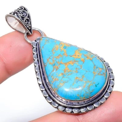 Colgante de plata de ley 925 con piedras preciosas turquesa azul cobre 2,25" a861 Foto 1 de 4