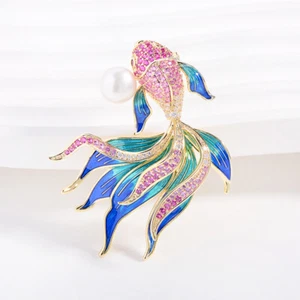 Gold Plated Pink Cubic Zirconia Pearl Blue Enamel Tropical Fish Brooch Pin - Picture 1 of 3