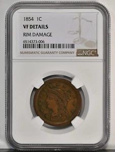 1854 1C Braided Hair Coronet Head Large Cent Coin NGC VF-Details RIM DAMAGE 1904 - Picture 1 of 2
