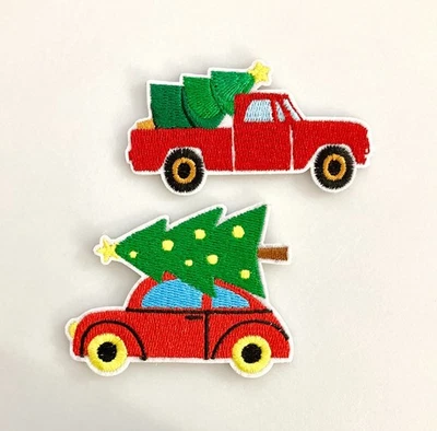 Lot of 2 Christmas Tree Truck Car Iron On Sticker Patch Embroidered Red Green - Image 1 of 3