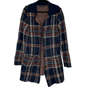 Tahari Blue Plaid Longline Duster Open Cardigan Sweater Women's Large Wool Blend - Picture 1 of 12