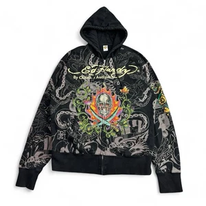 Ed Hardy Christian Audigier Hoodie Herren XL Totenkopf Tiger Strass All Over Print - Bild 1 von 16