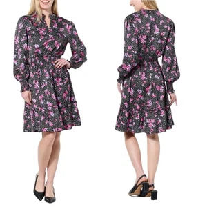 C WONDER Women’s Dress sz L Black w/Hearts Flowers Satin Tiered Puff Sleeve - Picture 1 of 11