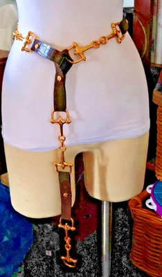 NUEVO Cinturón de Cuero Aigner Horsebit Marrón DORADO LATÓN Hebilla 1X/2XL Cadena Metal QRS Foto 1 de 4