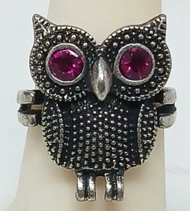 Owl Ring Size 7 Pewter Tone Owl Pink Rhinestone Eyes #RB1-4 - Picture 1 of 8
