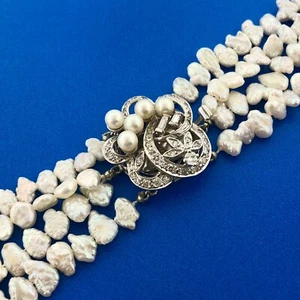 Gorgeous 14k White Gold Diamond Pearl & Keshi Pearl 4 Strand Statement Necklace - Picture 1 of 9