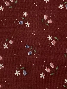 Cotton Fabric Small Pink Blue Tulips White Flowers on Dark Red 26" x 44" W - Picture 1 of 3