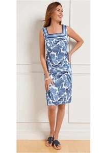 Talbots Textured Square Neck Dress 4 Coastal Pineapple Blue Sleeveless Cotton - Picture 1 of 11
