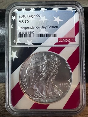 2018 Silver Eagle MS70 – NGC Independence Day Edition – LAST 5 – RARE! - Image 1 of 2