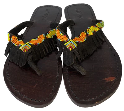 Sandalia Tanga MYSTIQUE Hecha a Mano Gamuza con Cuentas Cuero Flecos 9 Se adapta a 8 Marrón $240 Foto 1 de 4