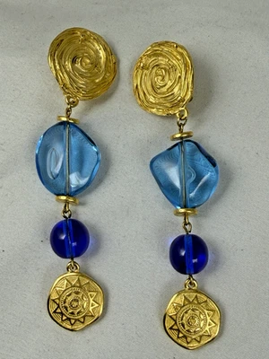 Brincos High End Tom Dourado Tons de Azul Gota Pendurada Não Assinada Norma Jean - Imagem 1 de 4