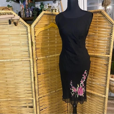 Y2K 100% Silk Elegant Black Floral Dress with floral detail whimsigoth romantic - Image 1 of 4