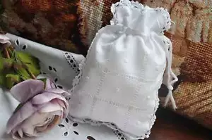 CL@ Lovely Hand Crochet Lace Hemstitch Embroidery String White Cotton Bag Pouch - Picture 1 of 4