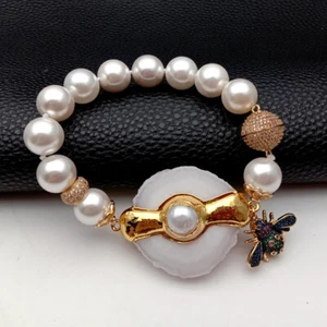 White Sea Shell Pearl Bracelet Natural Quartz Slice Cz Pave Insect Charm - Picture 1 of 6