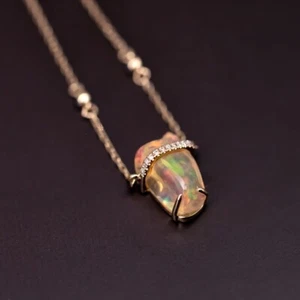 One of Kind Mexican Fire Opal & Diamond Sapphire Necklace 18K Yellow Gold - Picture 1 of 10
