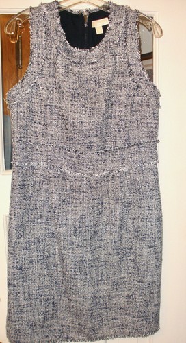 Abito smanicato Michael by Michael Kors blu navy e bianco con frange Boucle' Taglia 10
