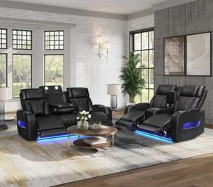 NEW Black Power Recliner & Adj Headrest 2PC Sofa Set Bluetooth Speaker - Picture 1 of 9