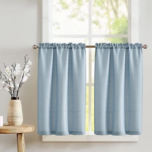 Light Blue Linen Tier Curtains - Farmhouse Short Window Panels 24" 2-Pack - Picture 1 of 12